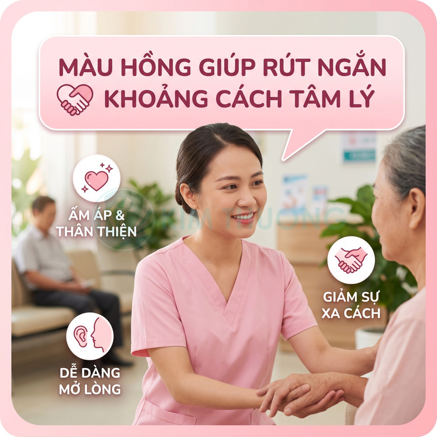 Nữ y tá mặc đồng phục màu hồng mỉm cười nắm tay bệnh nhân lớn tuổi trong phòng khám