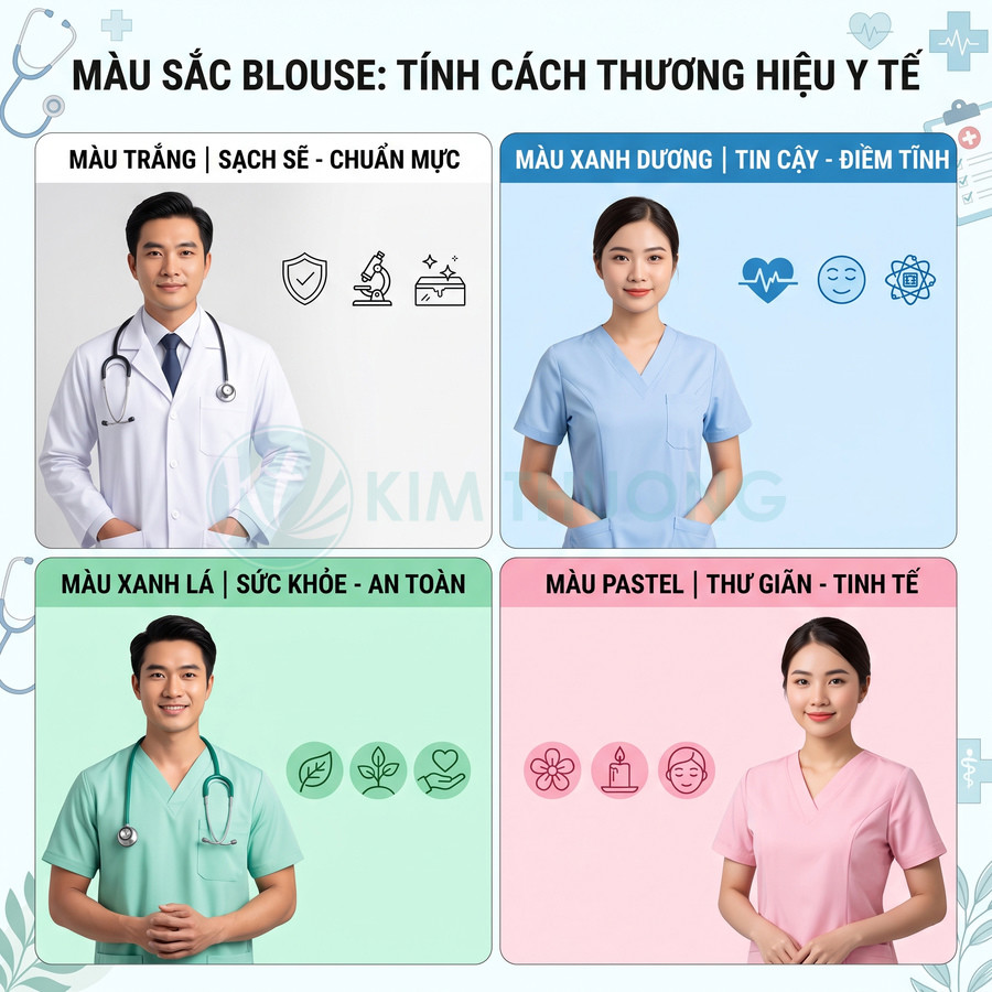Các mẫu đồng phục y tế blouse trắng xanh dương xanh lá pastel cho bác sĩ và y tá