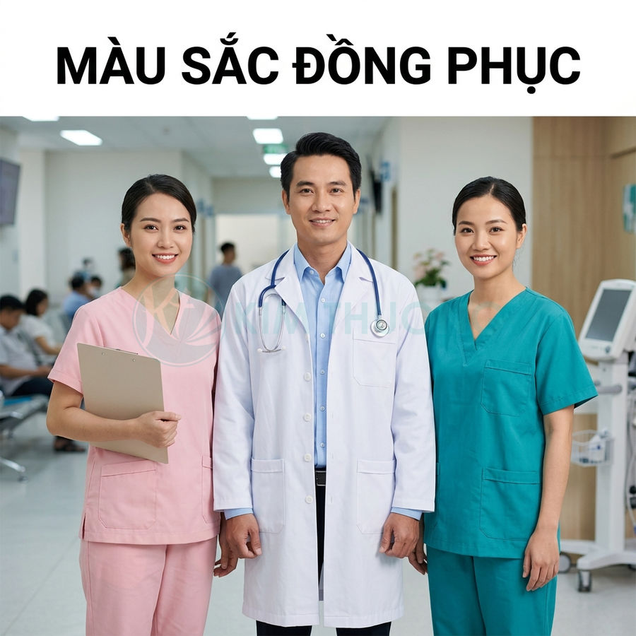 Bộ đồng phục y tá màu hồng, xanh và áo blouse bác sĩ trắng trong bệnh viện hiện đại