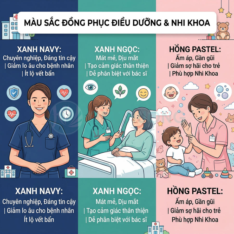 Minh họa đồng phục điều dưỡng và nhi khoa màu xanh navy, xanh ngọc, hồng pastel cùng ý nghĩa từng màu