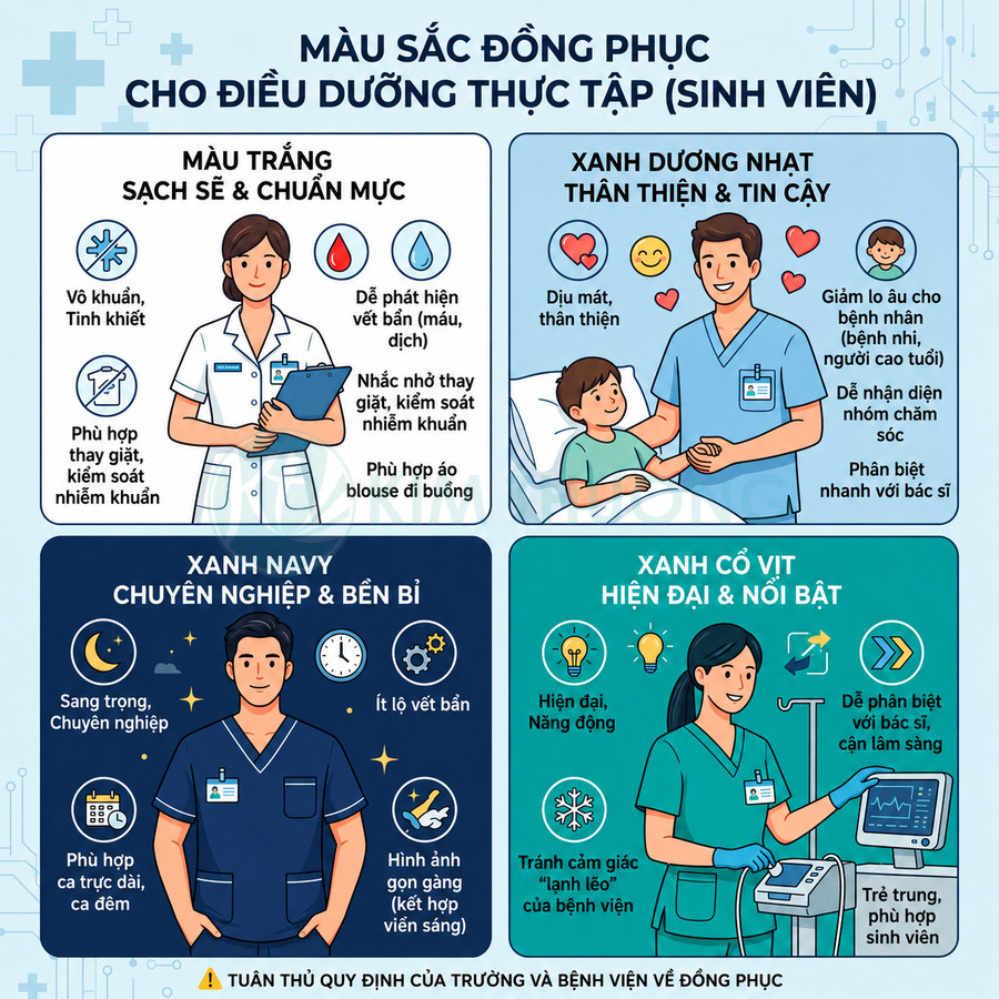 Infographic màu sắc đồng phục điều dưỡng thực tập với bốn mẫu áo trắng, xanh dương nhạt, xanh navy và xanh cổ vịt