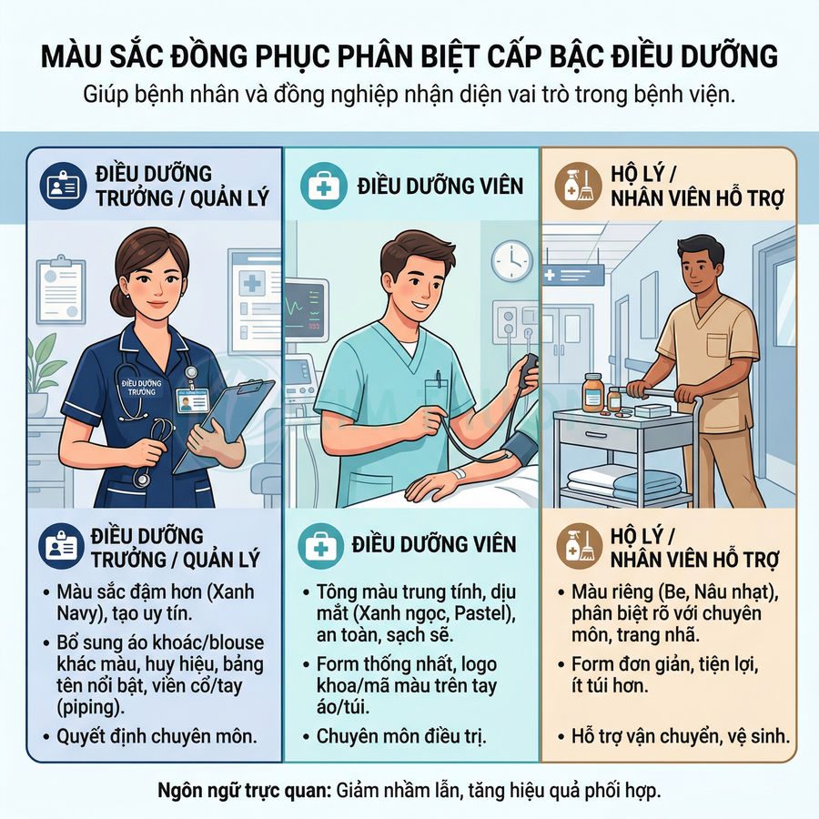 Infographic màu sắc đồng phục phân biệt điều dưỡng trưởng, điều dưỡng viên và hộ lý trong bệnh viện
