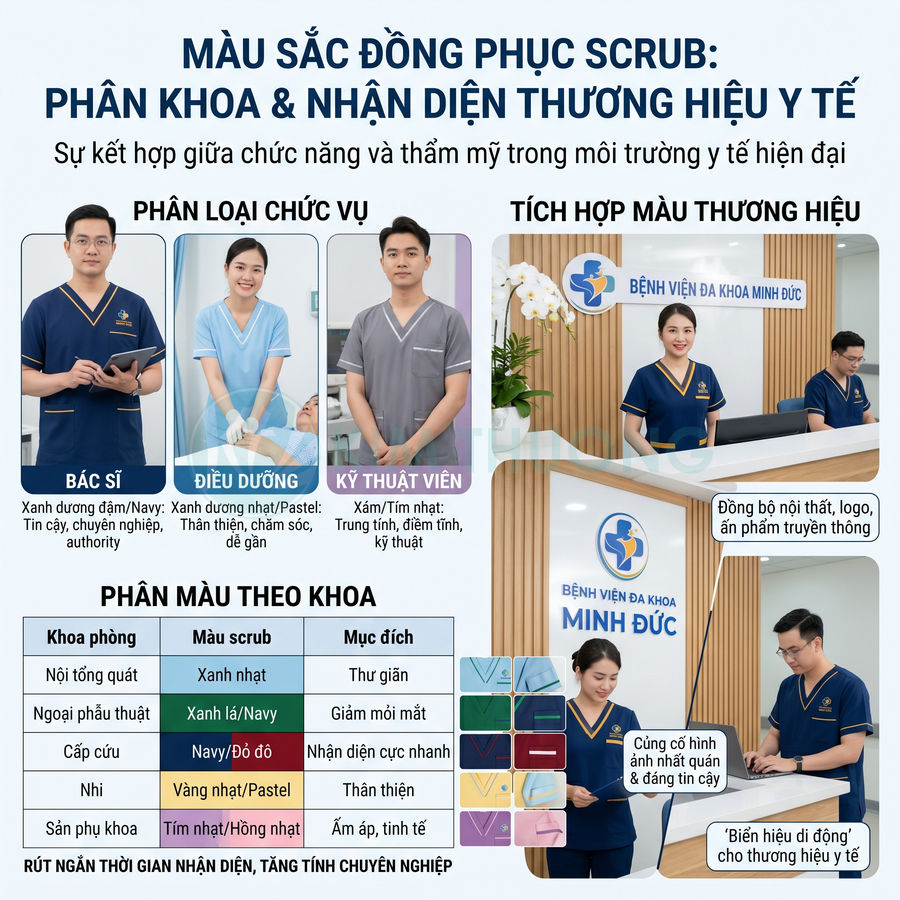 Mẫu đồng phục scrub bệnh viện đa khoa Minh Đức với màu sắc phân loại bác sĩ, điều dưỡng, kỹ thuật viên và các khoa phòng