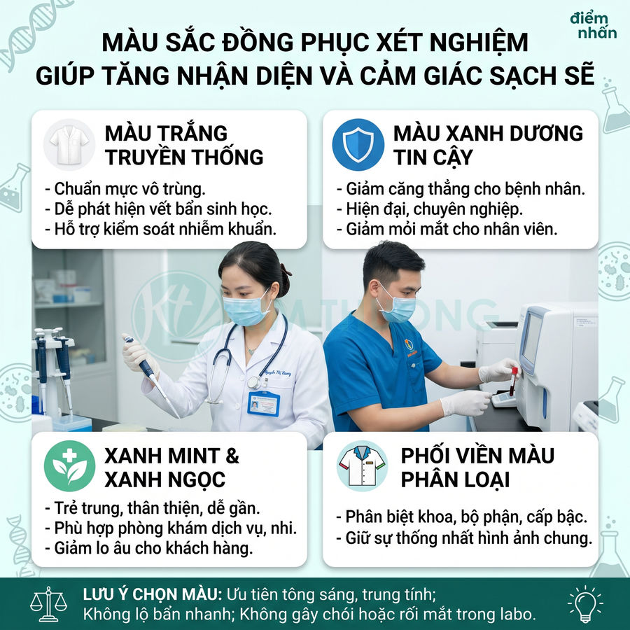 Nhân viên y tế mặc đồng phục xét nghiệm màu trắng và xanh dương làm việc trong phòng lab sạch sẽ