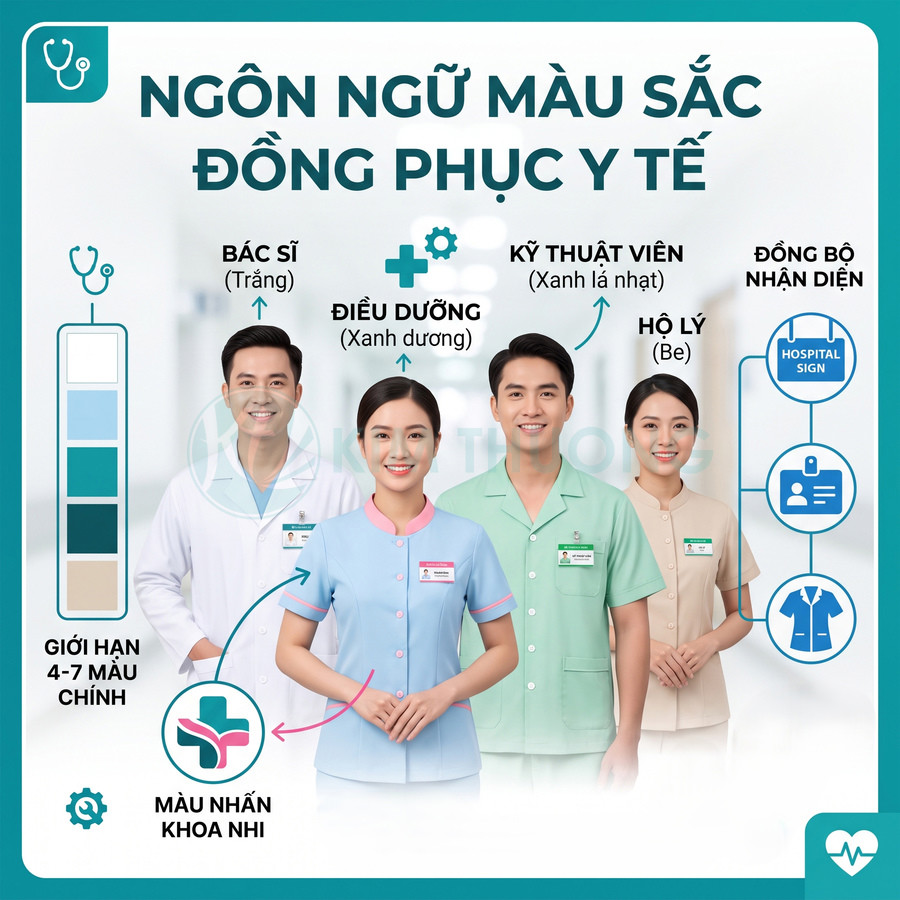 Đồng phục y tế nhiều màu cho bác sĩ, điều dưỡng, kỹ thuật viên và hộ lý kèm bảng giải thích ý nghĩa màu sắc