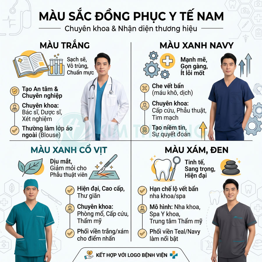 Mẫu đồng phục y tế nam nhiều màu sắc cho bác sĩ và điều dưỡng kèm mô tả ý nghĩa từng màu