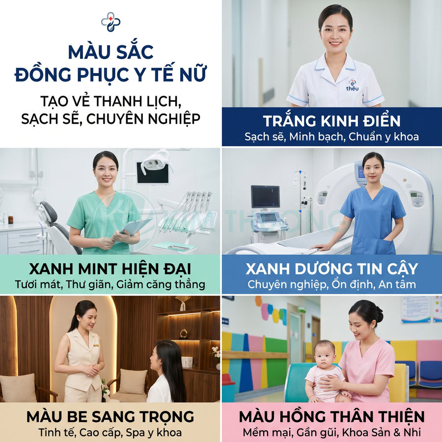 Các mẫu đồng phục y tế nữ nhiều màu sắc cho điều dưỡng và bác sĩ trong bệnh viện, phòng khám hiện đại