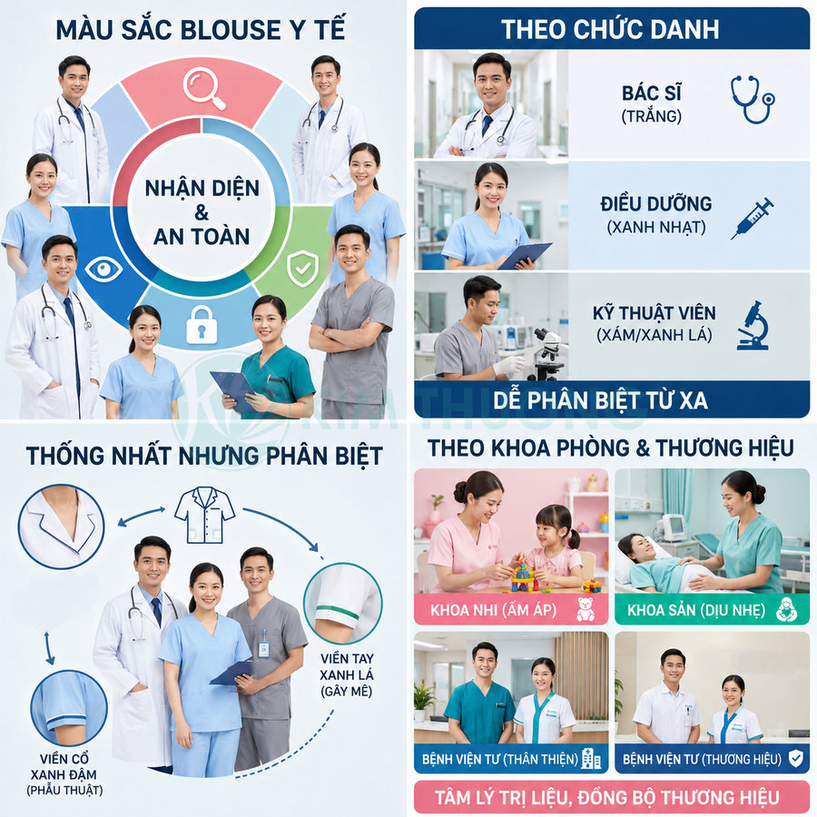 Bảng hướng dẫn màu sắc đồng phục blouse y tế cho bác sĩ, điều dưỡng, kỹ thuật viên theo chức danh và khoa phòng