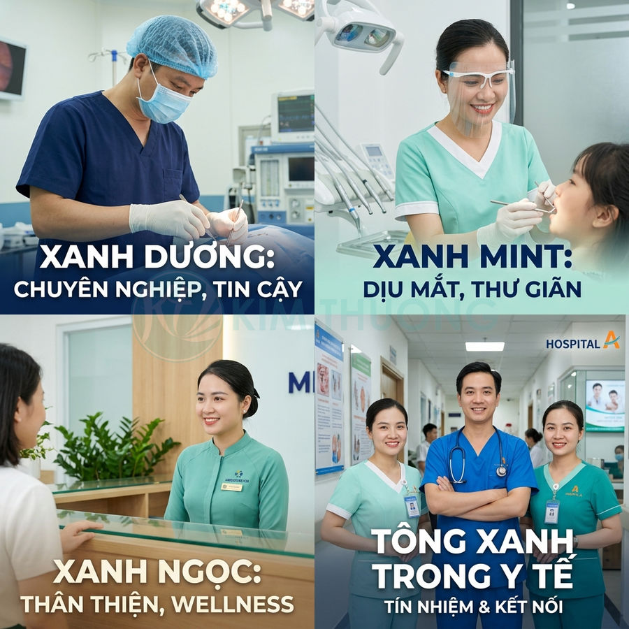 Nhân viên y tế mặc đồng phục xanh dương, xanh mint, xanh ngọc tư vấn và chăm sóc bệnh nhân trong bệnh viện