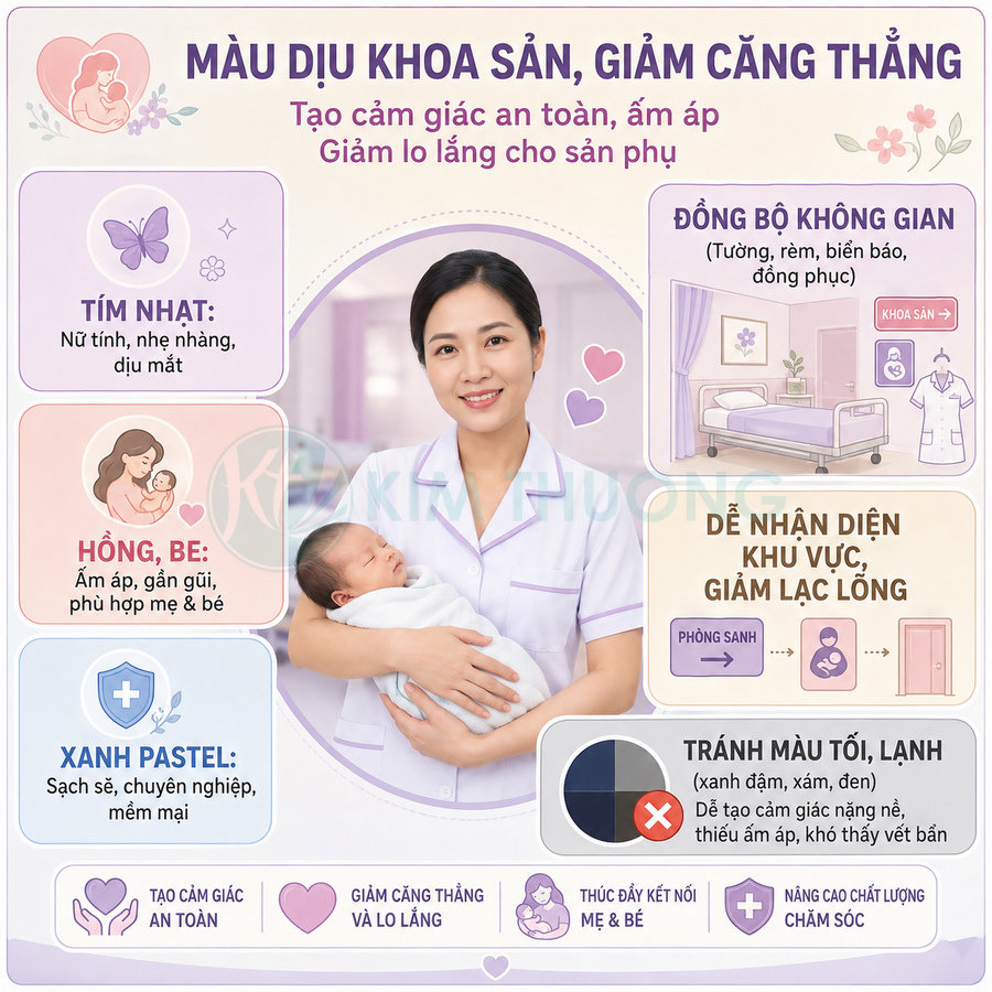 Nữ y tá mặc đồng phục tím pastel bế em bé sơ sinh trong bệnh viện khoa sản, không gian màu sắc nhẹ nhàng