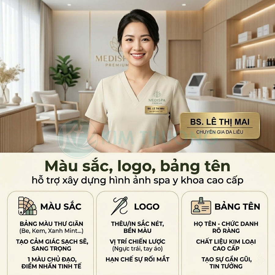 Bác sĩ da liễu tại spa Medispa đeo bảng tên kim loại cao cấp trong không gian spa sang trọng