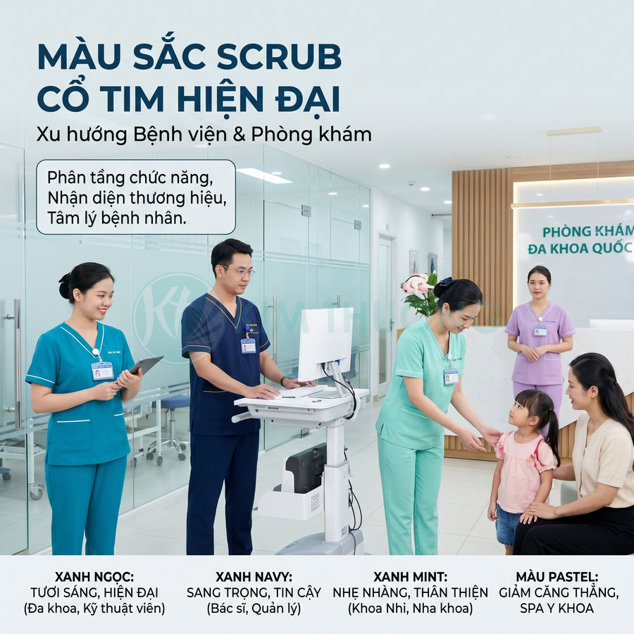 Nhân viên y tế mặc scrub nhiều màu sắc tư vấn và chăm sóc bệnh nhi tại sảnh phòng khám đa khoa hiện đại