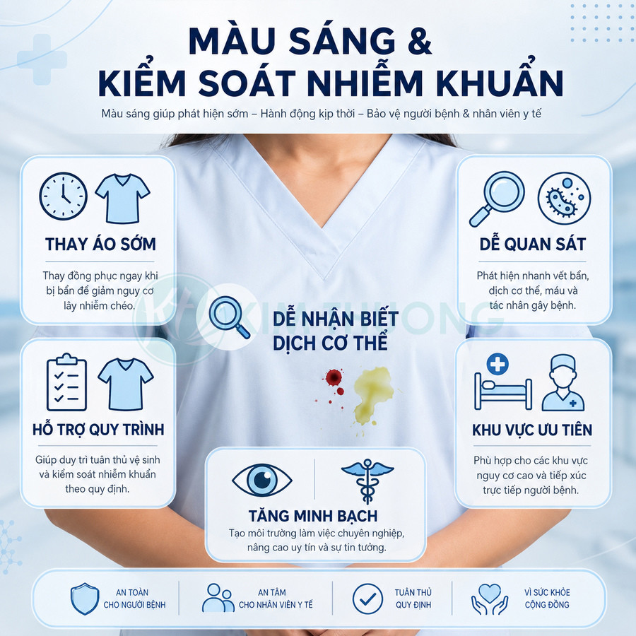 Đồng phục y tá màu sáng với vết bẩn giúp dễ nhận biết dịch cơ thể và kiểm soát nhiễm khuẩn trong bệnh viện