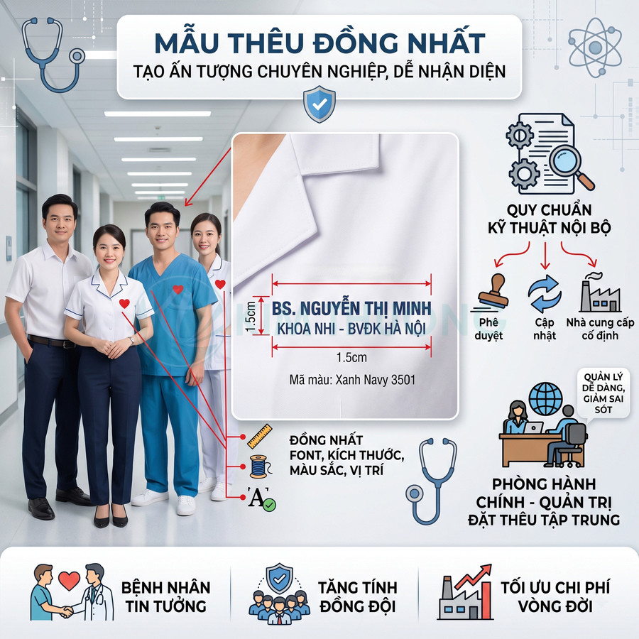 Mẫu đồng phục y tá bác sĩ thêu tên và khoa thống nhất font kích thước màu sắc trong bệnh viện