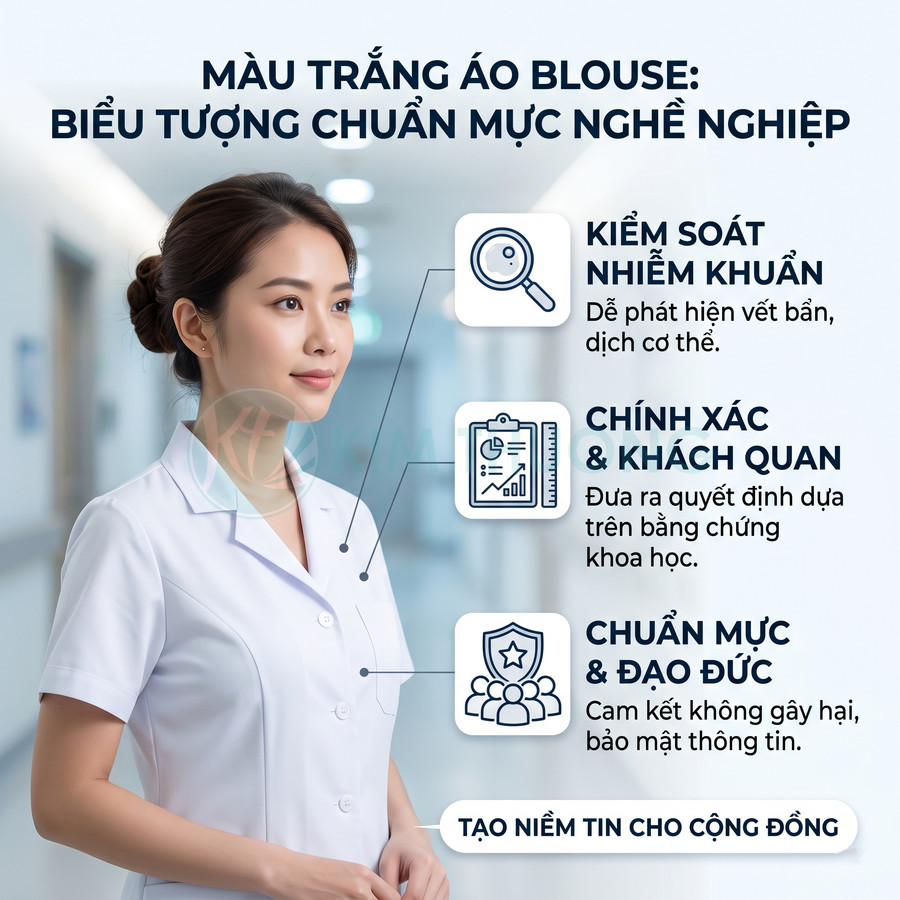 Nữ nhân viên y tế mặc áo blouse trắng đứng trong hành lang bệnh viện, thể hiện sự chuyên nghiệp và chuẩn mực