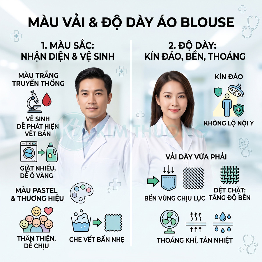 Hai bác sĩ mặc áo blouse trắng giới thiệu màu vải và độ dày áo blouse kín đáo, bền, thoáng khí