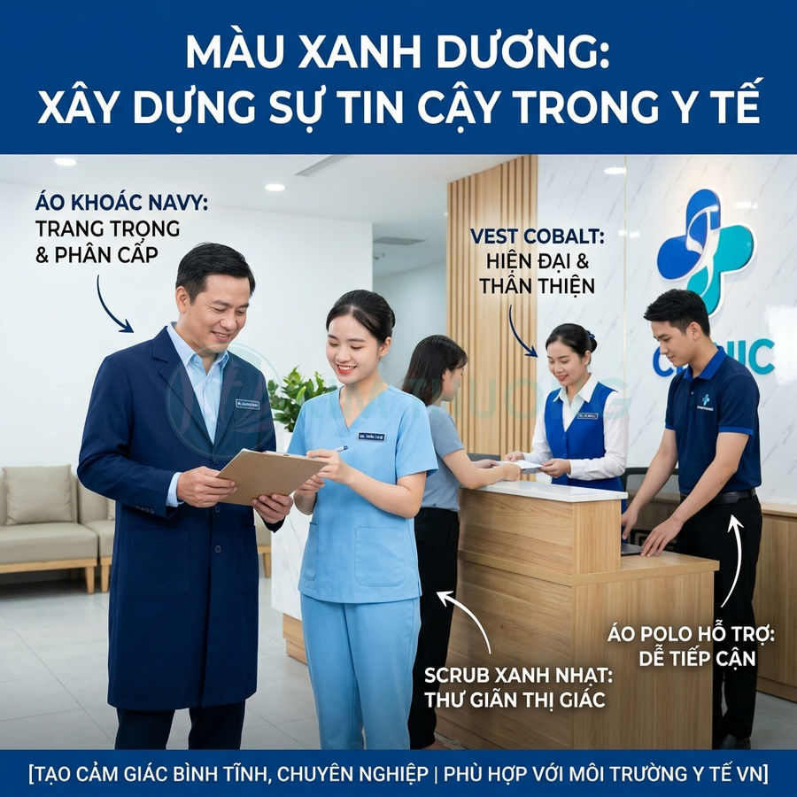 Đồng phục y tế màu xanh dương chuyên nghiệp cho bác sĩ, y tá và lễ tân trong không gian phòng khám hiện đại