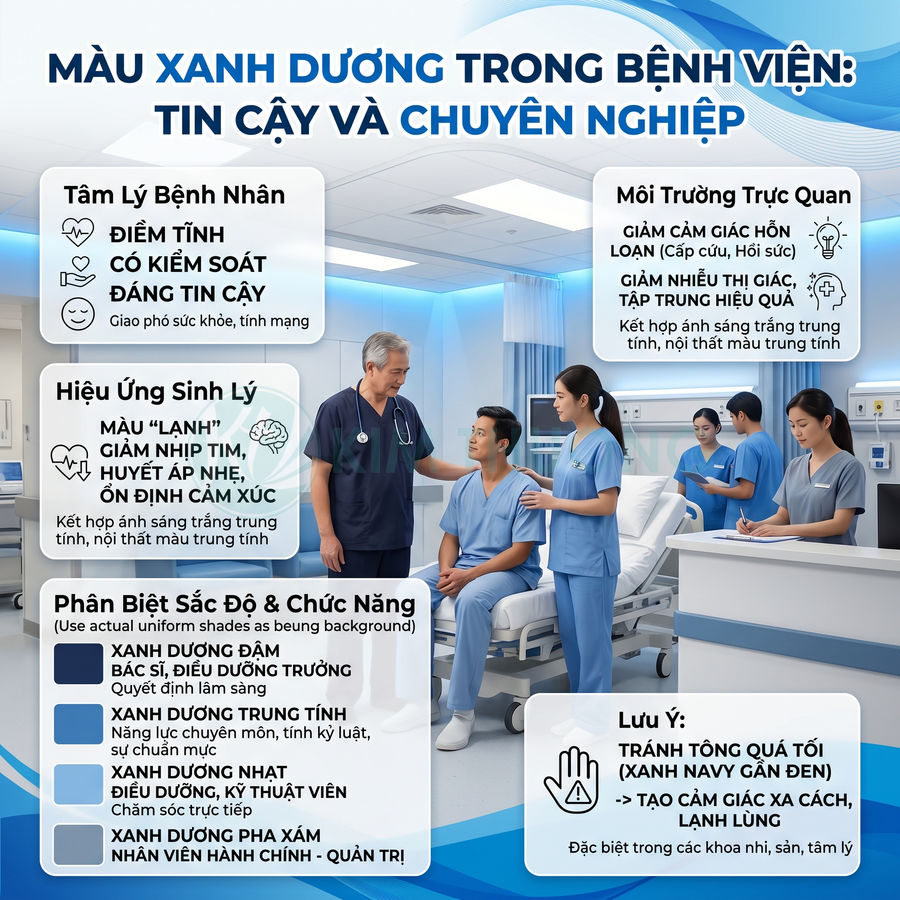 Infographic giải thích ý nghĩa màu xanh dương trong bệnh viện với bác sĩ, y tá và bệnh nhân trong phòng khám hiện đại