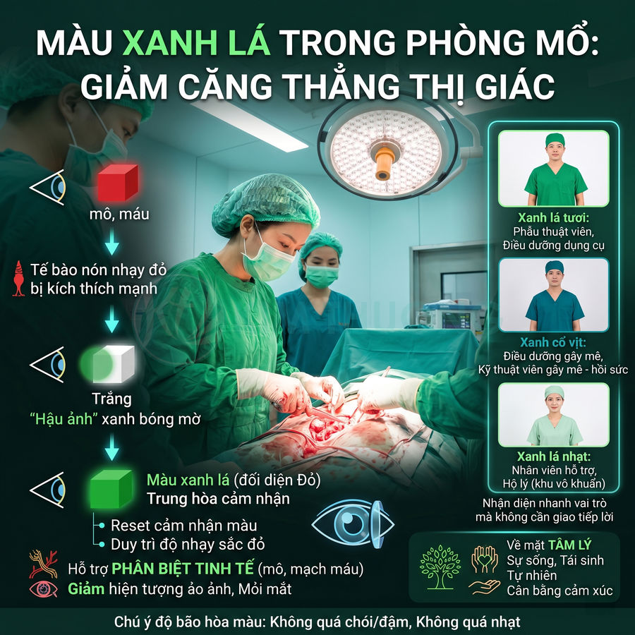 Ê kíp bác sĩ mặc đồ phẫu thuật xanh lá đang mổ trong phòng mổ với ánh đèn phẫu thuật sáng