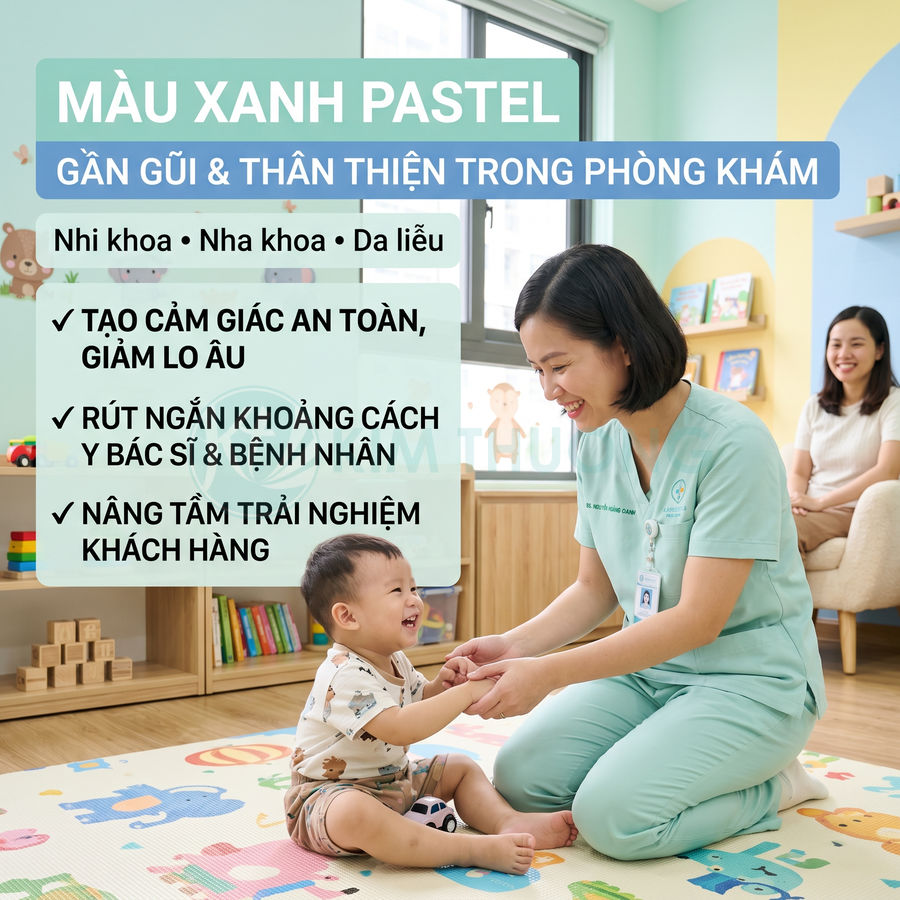 Bác sĩ nhi khoa mặc đồng phục xanh pastel chơi đùa với em bé trong phòng khám thân thiện, mẹ bé ngồi phía sau