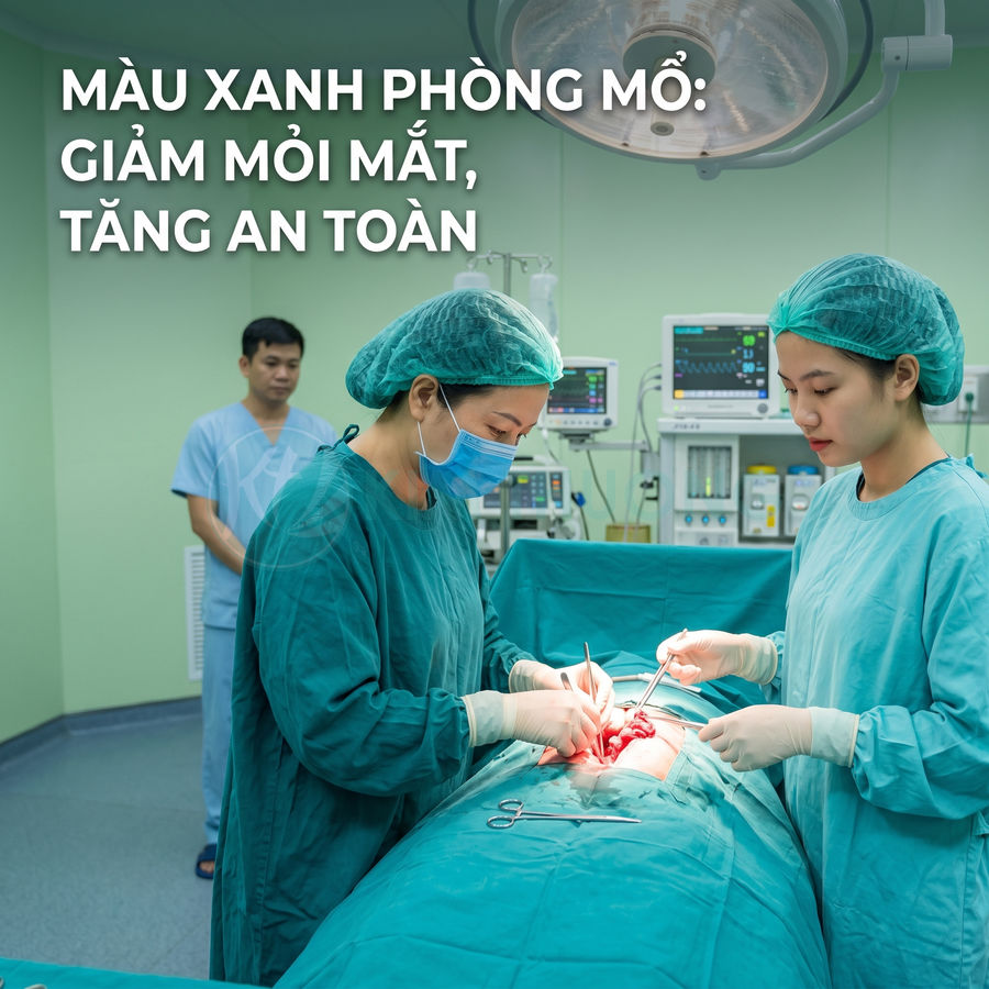 Bác sĩ phẫu thuật trong phòng mổ màu xanh với đầy đủ thiết bị y tế hiện đại