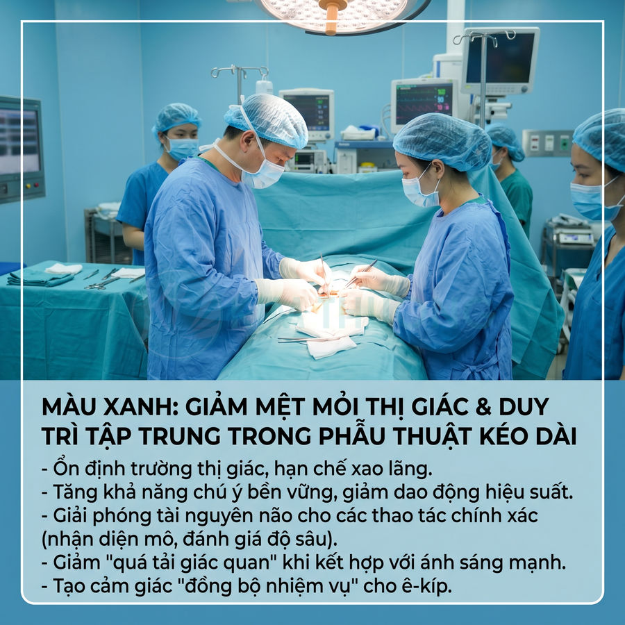 Ê kíp bác sĩ mặc đồ phẫu thuật màu xanh đang mổ trong phòng mổ hiện đại, ánh sáng đèn mổ tập trung
