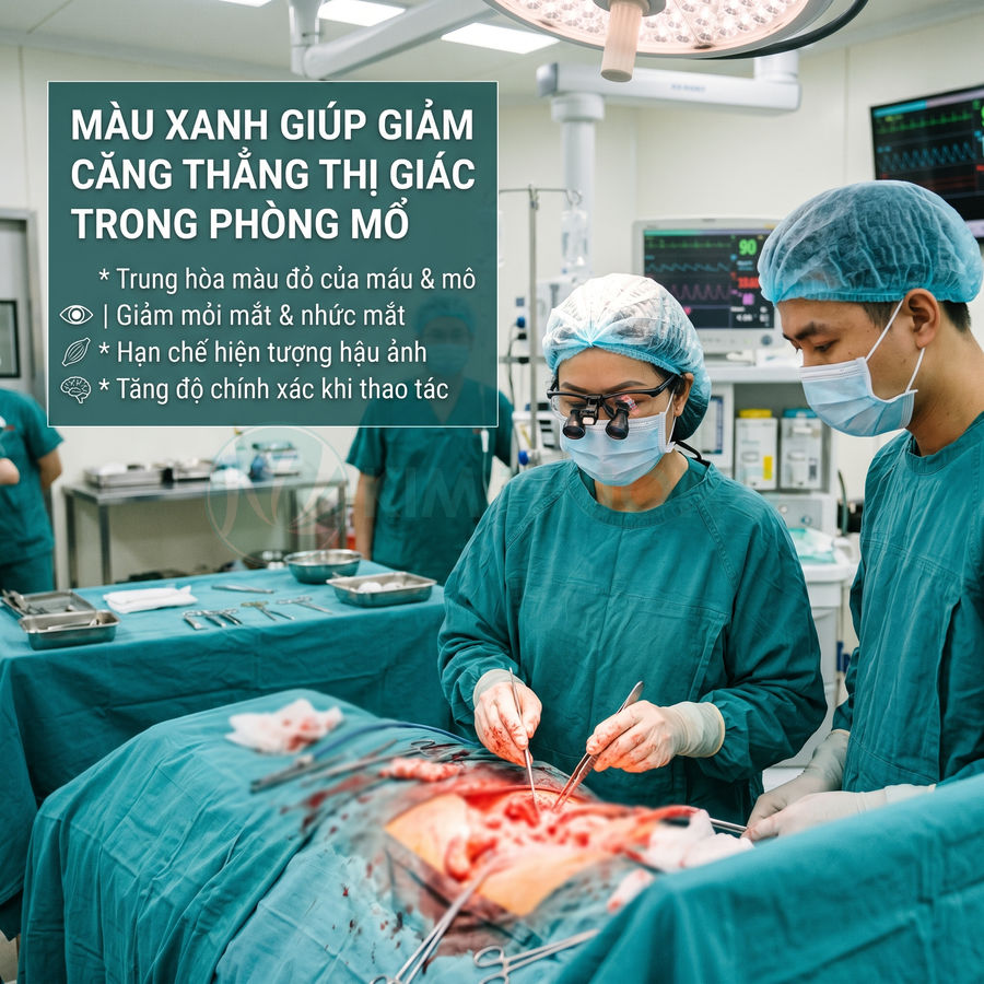 Bác sĩ phẫu thuật mặc đồ xanh đang mổ cho bệnh nhân trong phòng mổ hiện đại