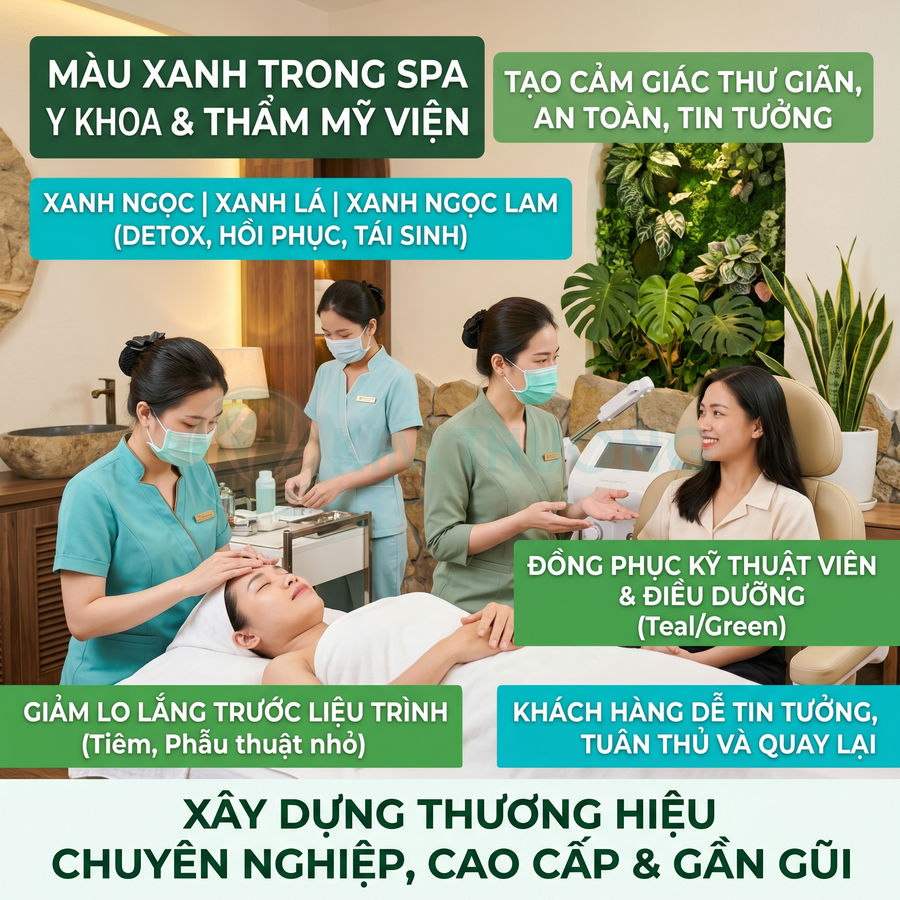 Nhân viên spa mặc đồng phục màu xanh chăm sóc da mặt và tư vấn cho khách hàng trong không gian thư giãn