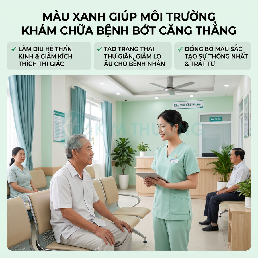 Phòng khám với y tá mặc đồng phục xanh tư vấn cho bệnh nhân lớn tuổi trong không gian chờ màu xanh dịu