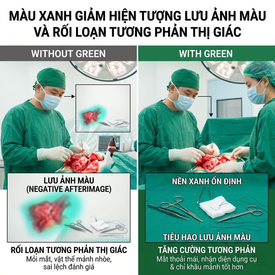 Bác sĩ phẫu thuật mặc đồ xanh trong phòng mổ, minh họa lợi ích nền xanh giảm lưu ảnh màu và tăng tương phản
