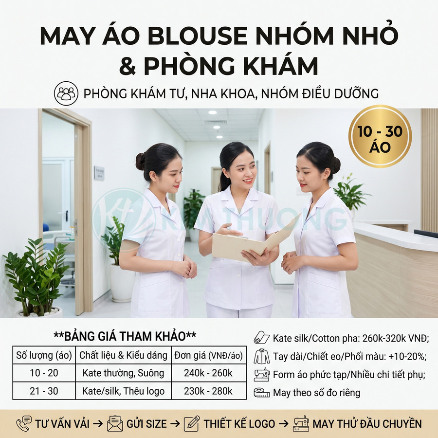 May áo blouse trắng cho nhóm nhỏ phòng khám tư nha khoa điều dưỡng kèm bảng giá dịch vụ may đo