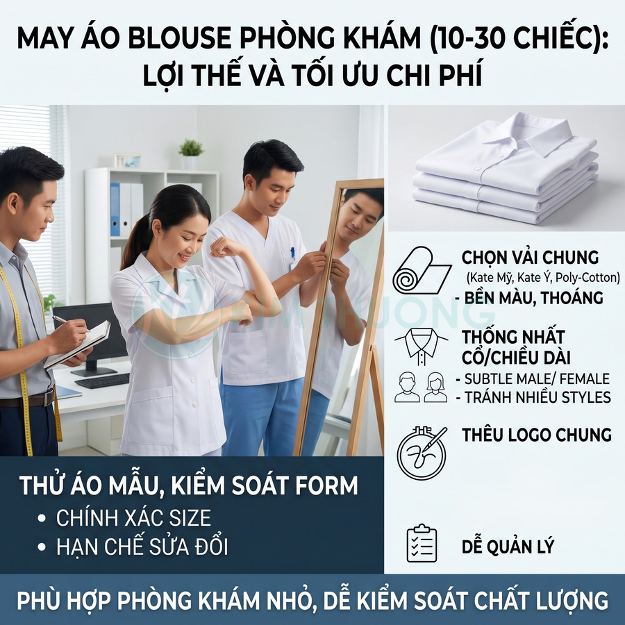 Nhân viên y tế thử áo blouse trắng may đo cho phòng khám nhỏ, cạnh chồng áo blouse gấp gọn