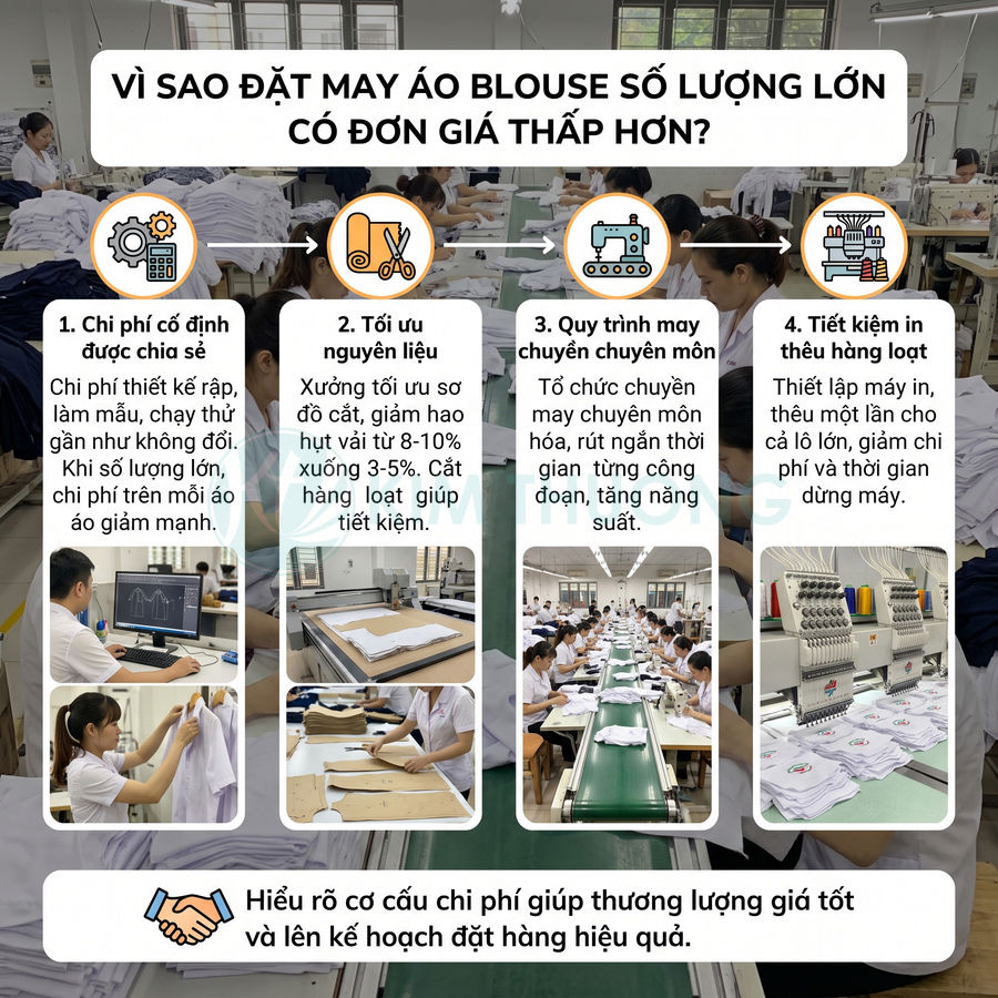 Quy trình may áo blouse số lượng lớn giúp giảm chi phí nhờ tối ưu nguyên liệu, nhân công và in thêu hàng loạt