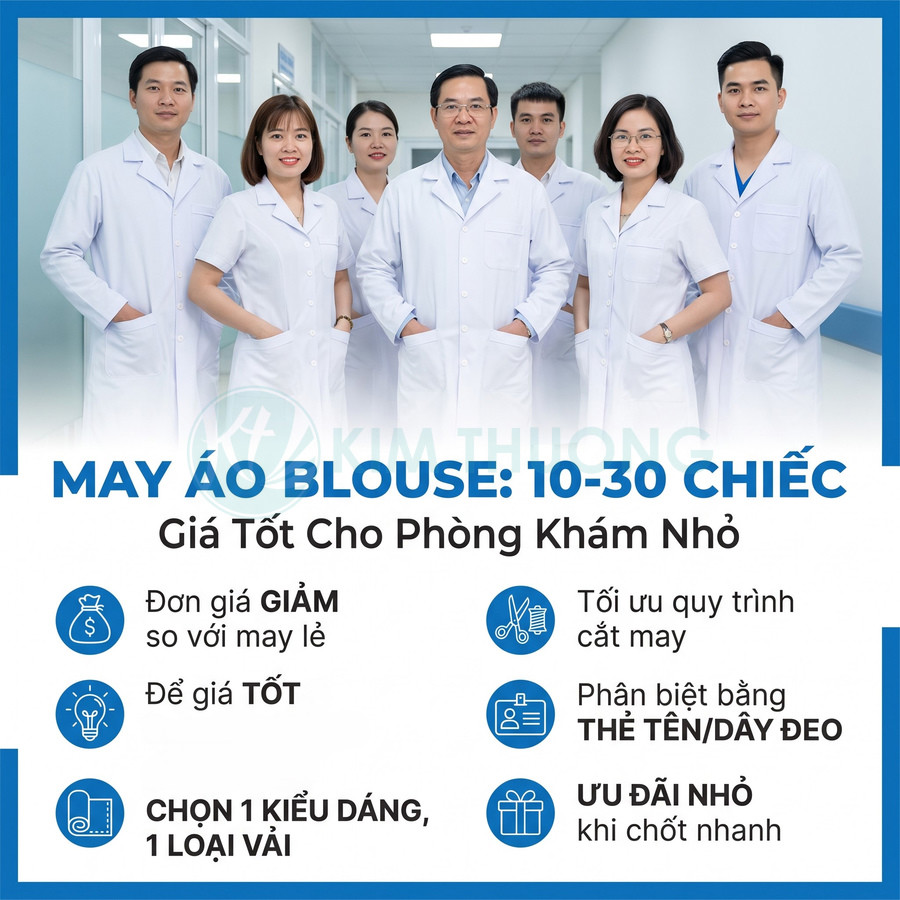 Dịch vụ may áo blouse bác sĩ số lượng 10 đến 30 chiếc cho phòng khám nhỏ, có thẻ tên và dây đeo tùy chọn