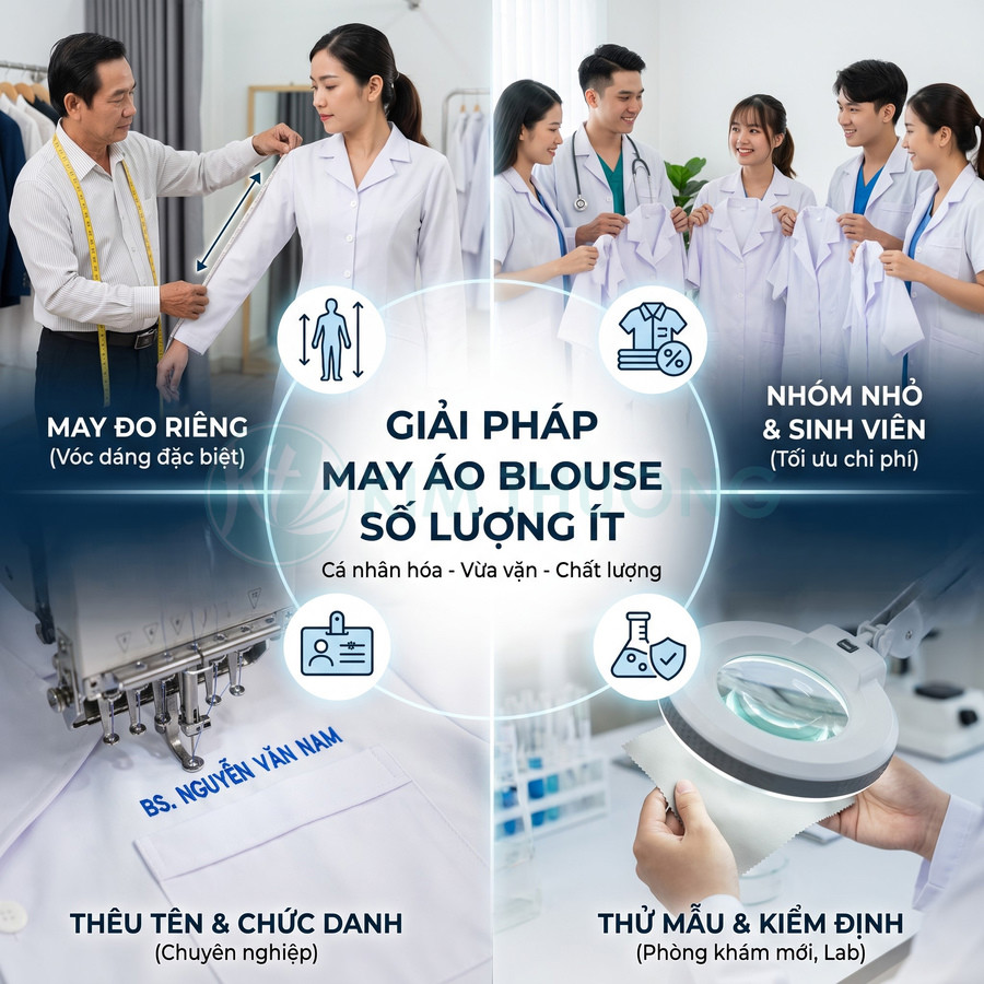 Dịch vụ may áo blouse y tế số lượng ít, đo may riêng, thêu tên và chức danh, thử mẫu và kiểm định chất lượng