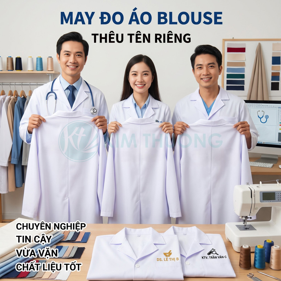 Áo blouse trắng thêu tên riêng, được may đo vừa vặn cho nhân viên y tế, kèm mẫu thêu tên trên áo gấp gọn