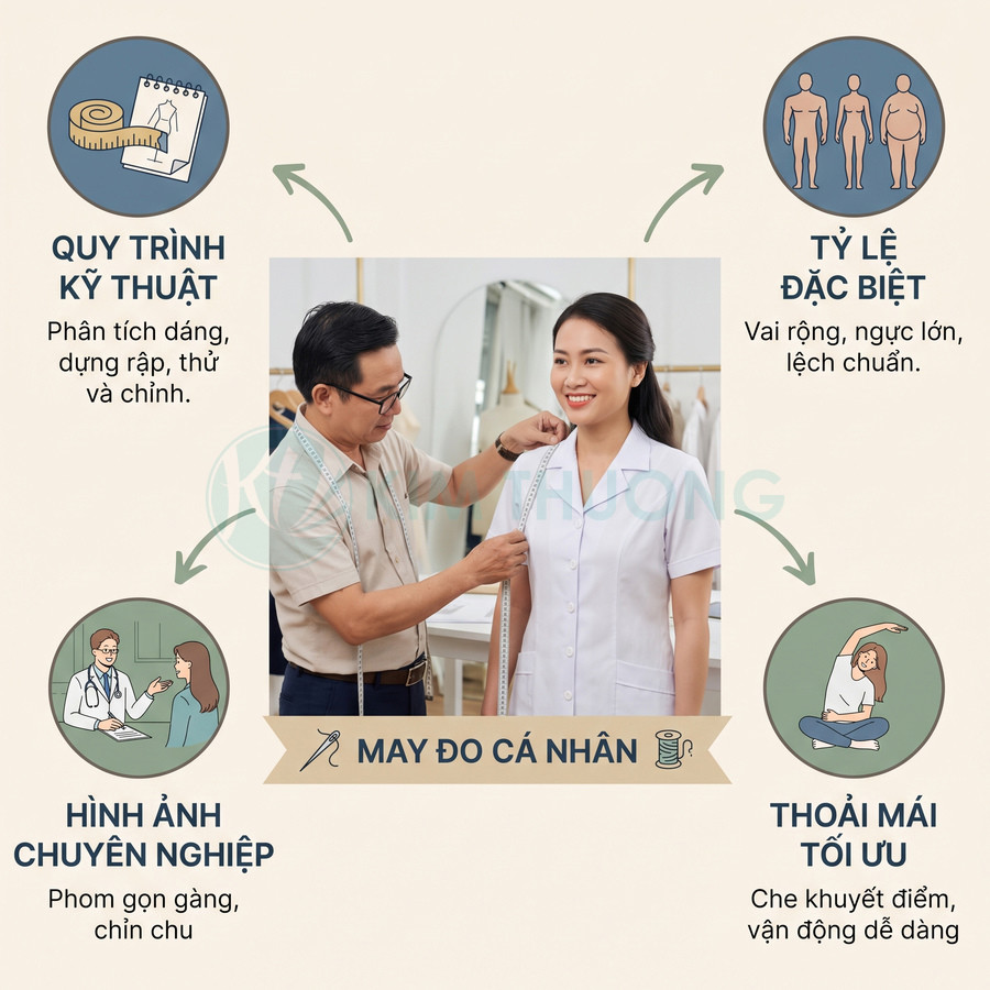 Thợ may đo áo blouse cá nhân cho nữ nhân viên y tế, chú trọng vóc dáng, sự vừa vặn và thoải mái.