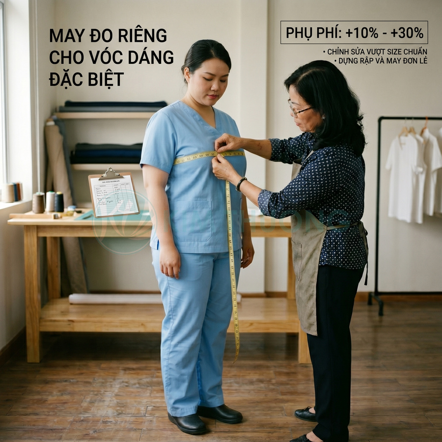 Thợ may đo vòng ngực cho khách mặc đồng phục y tá màu xanh trong xưởng may đo riêng cho vóc dáng đặc biệt