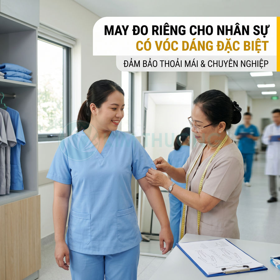 Nhân viên y tế được đo may đồng phục y khoa màu xanh vừa vặn trong phòng khám