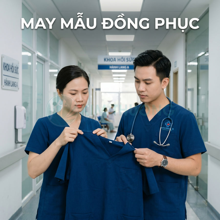 Nhân viên y tế mặc scrub xanh đang kiểm tra mẫu đồng phục bệnh viện màu xanh đậm trong hành lang khoa hồi sức