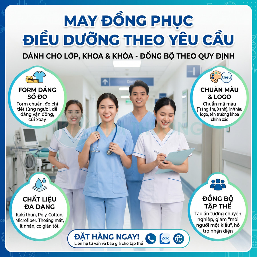 Nhóm điều dưỡng mặc đồng phục y tá màu xanh và trắng, giới thiệu dịch vụ may đồng phục theo yêu cầu