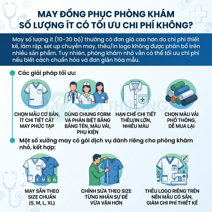 Infographic giải pháp tối ưu chi phí may đồng phục phòng khám số lượng ít với mẫu áo, vải và thêu logo riêng