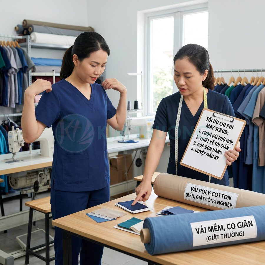 Nhân viên xưởng may thử bộ scrub y tế màu xanh navy và chọn vải poly cotton, vải mềm co giãn trên bàn