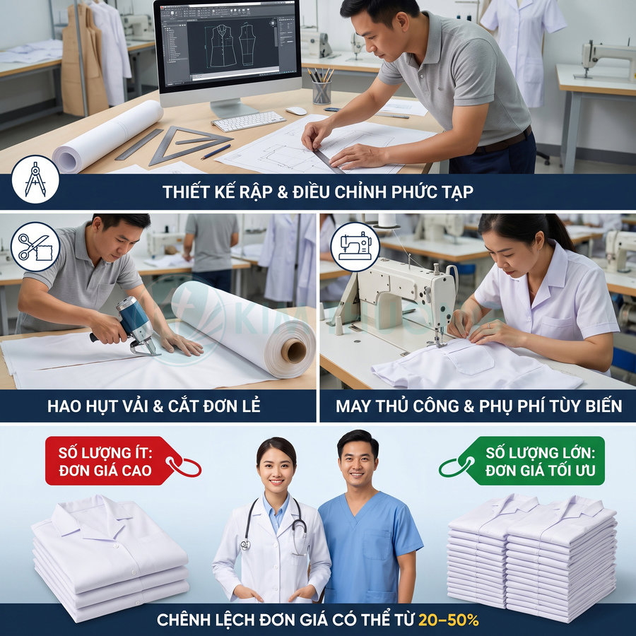 Quy trình thiết kế, cắt may đồng phục y tế màu trắng với giá thay đổi theo số lượng đặt hàng