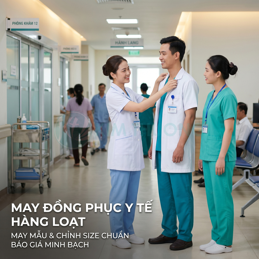 Nhân viên y tế mặc đồng phục bệnh viện đứng trò chuyện trong hành lang, giới thiệu dịch vụ may đồng phục y tế