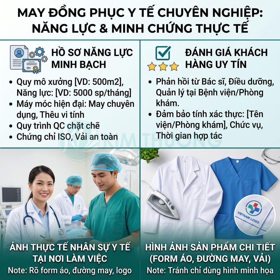Đồng phục y tế chuyên nghiệp gồm áo blouse trắng, áo scrub xanh dương và phụ kiện may mặc chi tiết