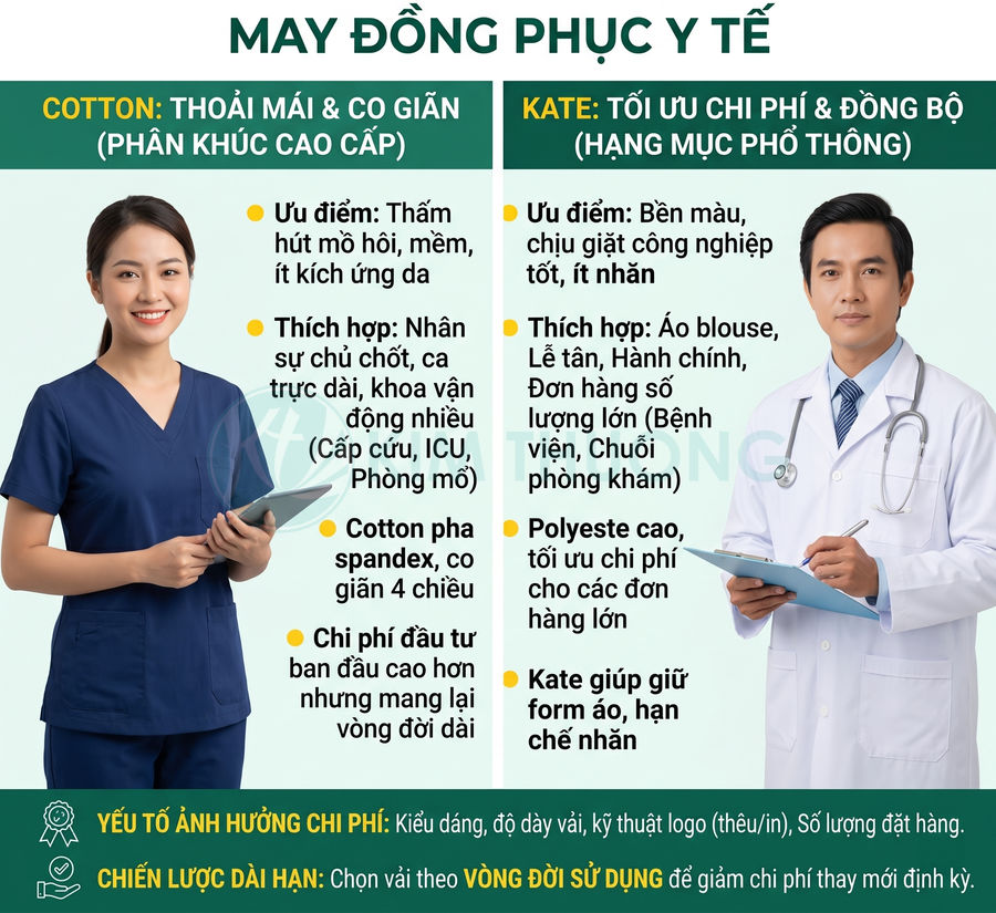 So sánh đồng phục y tế vải cotton cao cấp và vải kate phổ thông cho bác sĩ, y tá