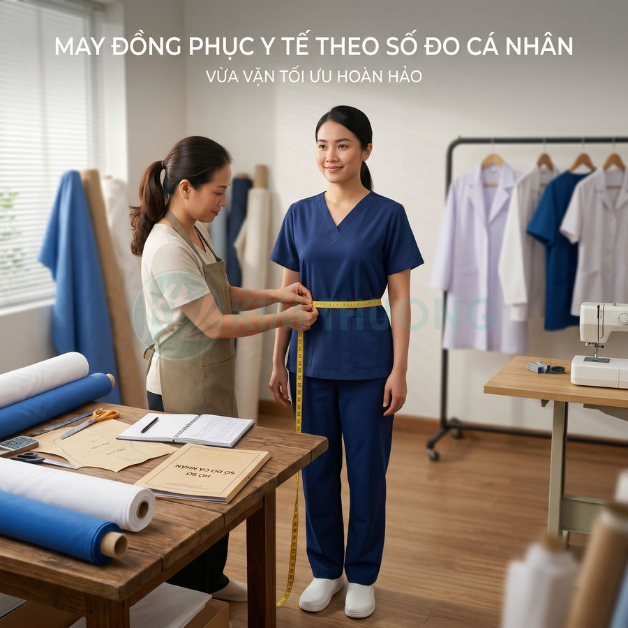 Thợ may đo số đo cho nữ nhân viên y tế mặc đồng phục scrub xanh trong xưởng may chuyên đồng phục y tế