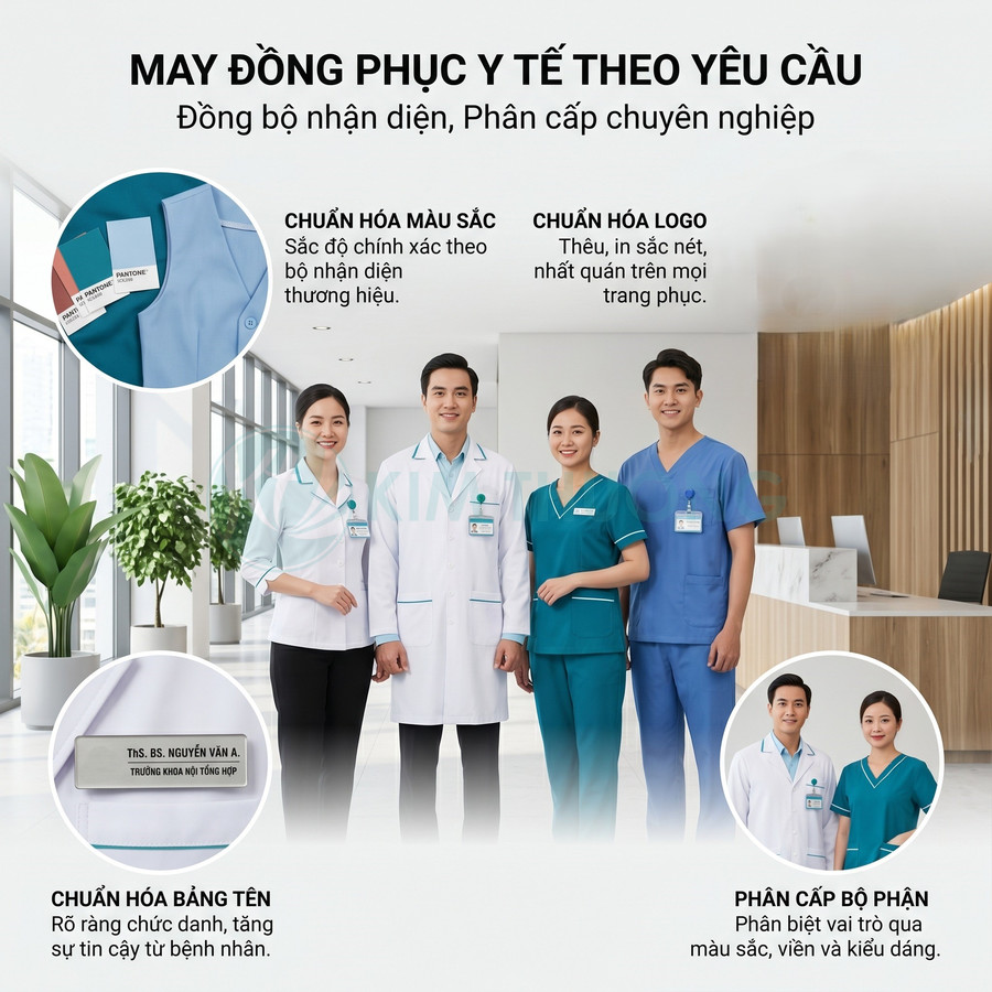 Nhóm bác sĩ y tá mặc đồng phục y tế thiết kế theo yêu cầu với màu sắc và logo thương hiệu đồng bộ