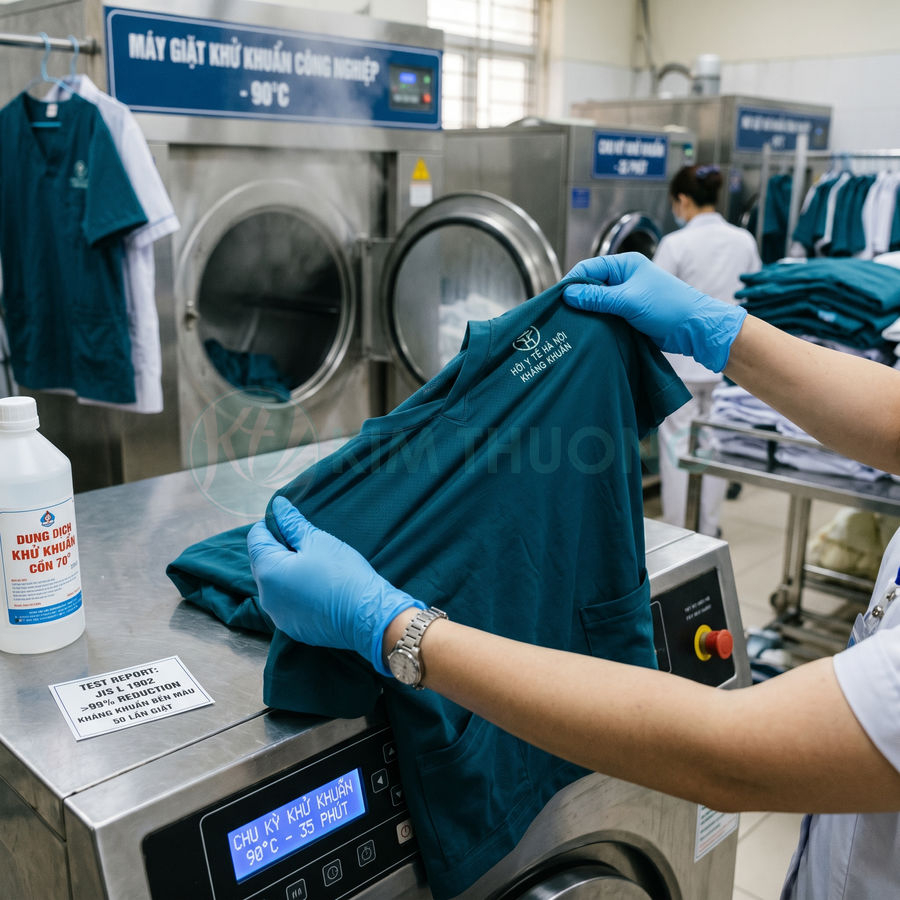 Nhân viên kiểm tra áo blouse kháng khuẩn trước máy giặt khử khuẩn công nghiệp trong bệnh viện
